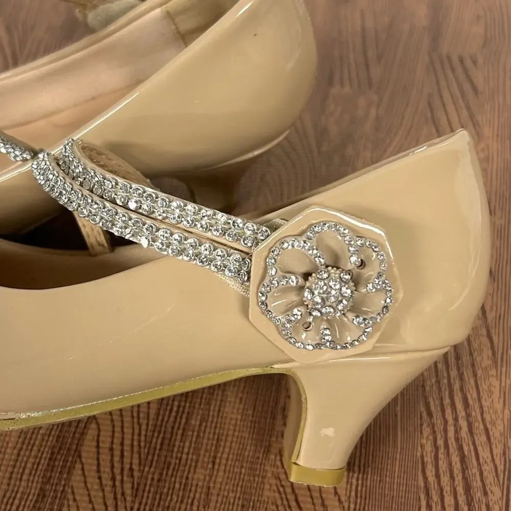 Link Girls Size 3 Nude Patent Mary Jane Heels Rhinestone Strap Dress Shoes